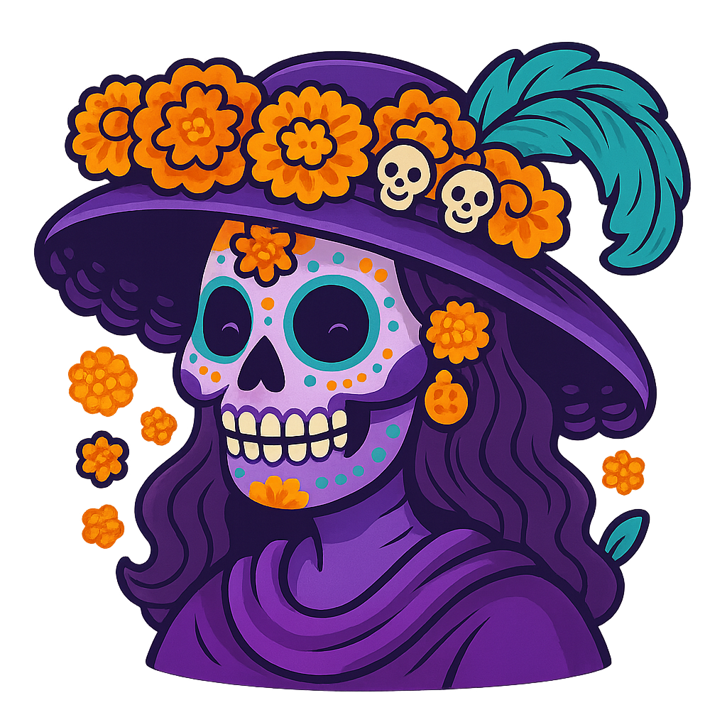 Catrina de sombrero morado, flores de cempasúchil y pluma turquesa